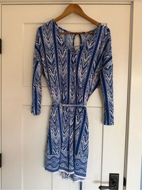Market & Spruce Fraya Knit Romper Blue White Geometric Tie Waist L